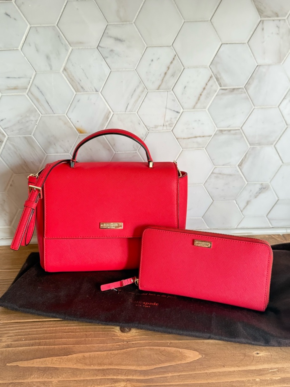 kate spade bright pink satchel with matching wallet